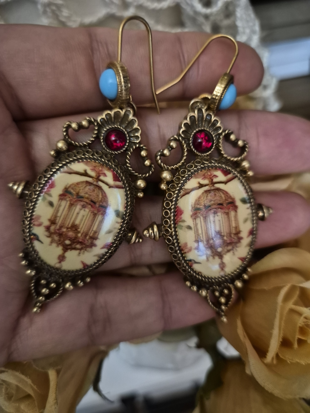 Antique-Style Yellow Cameo Drop Earrings with Red and Turquoise Accents - Picture 4 of 6